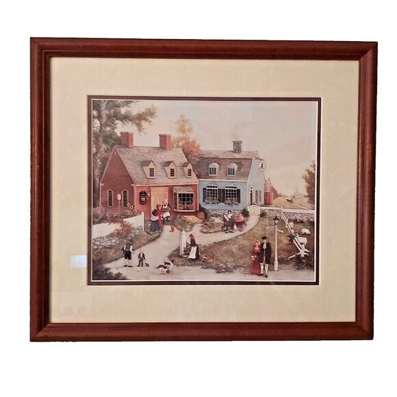 Linda Nelson Stocks Signed 1995 Folk Art Print Framed Matted 18.75"x16.3" - Picture 1 of 8